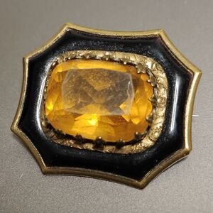 Antique Victorian Citrine & Black Enamel Brooch